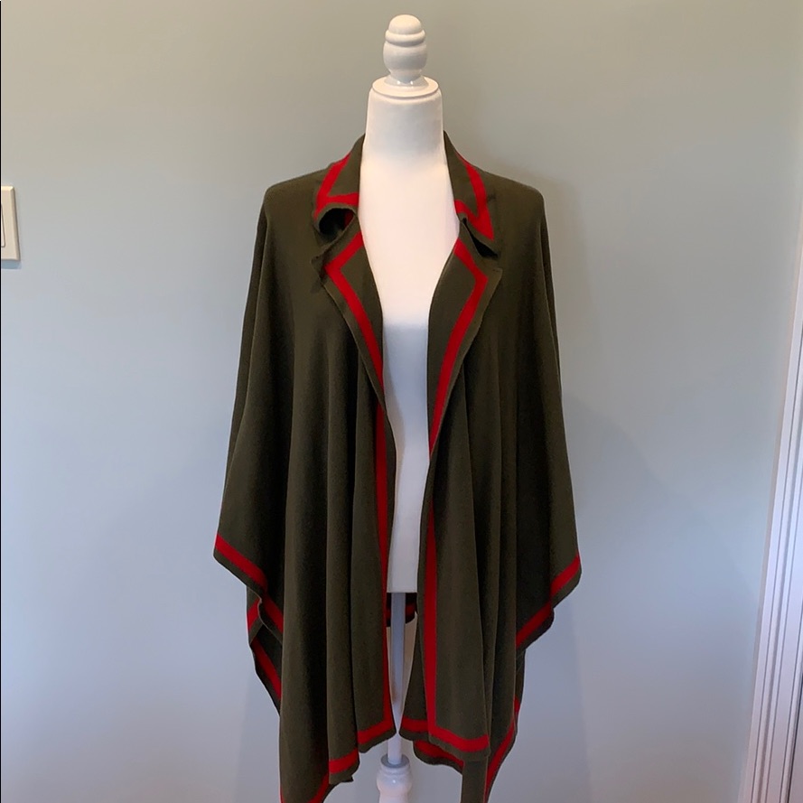 Talbots Olive Green And Red Stripe Open Cardigan